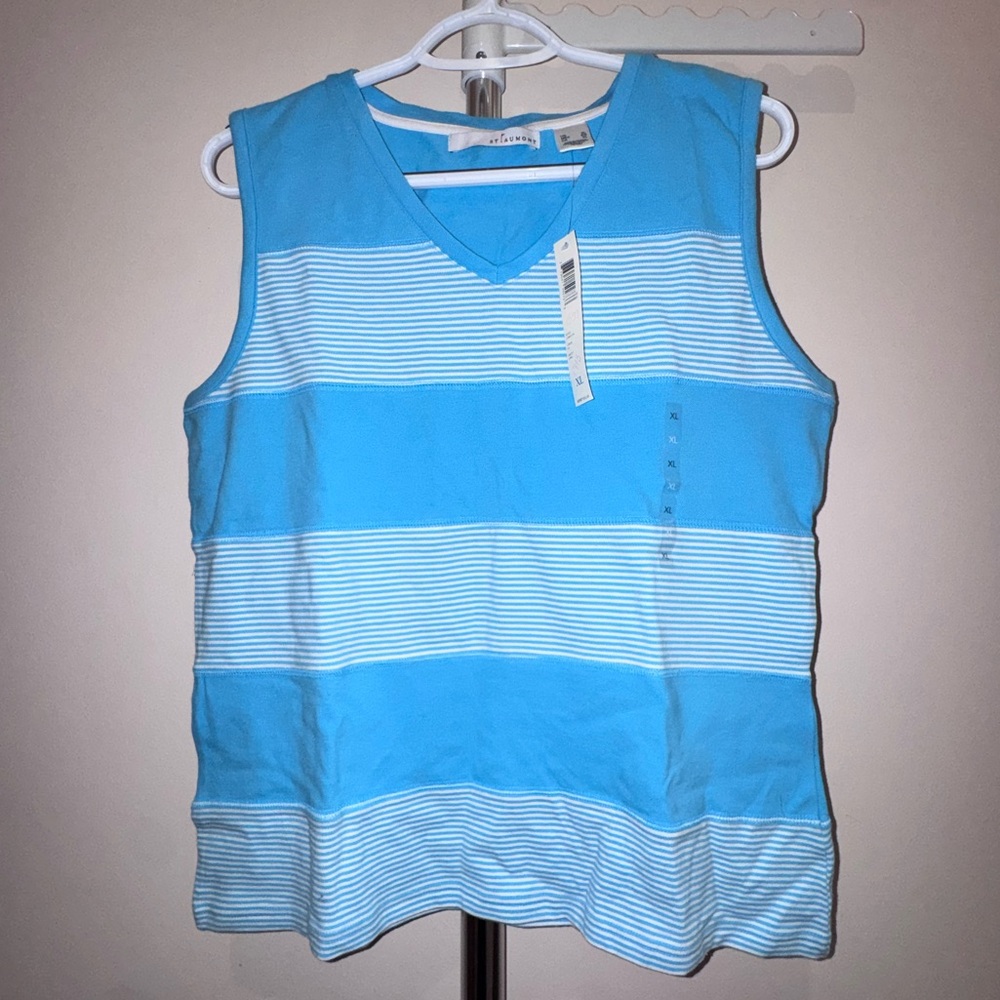 Blue & White Striped Sleeveless V-Neck Top